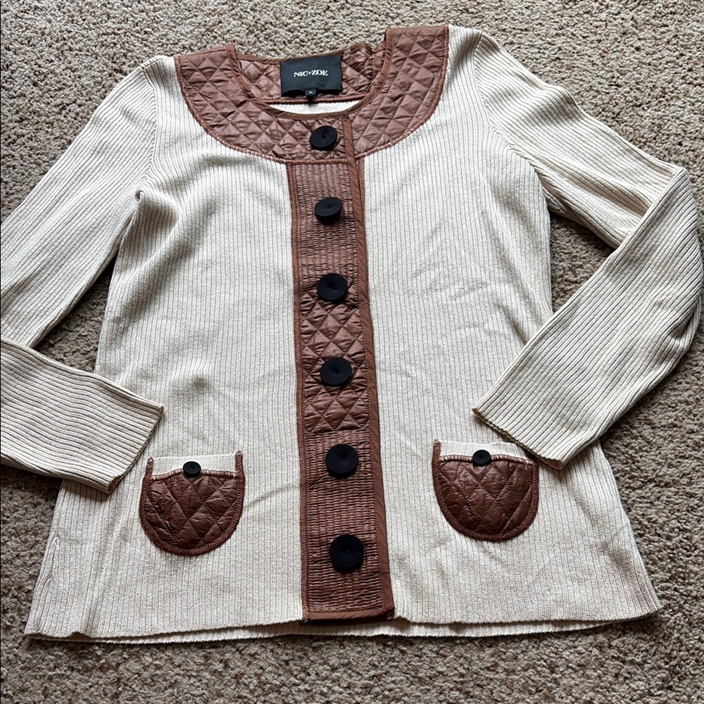 NIC+ZOE Cream and Brown ribbed Cardigan with quilted accents size M